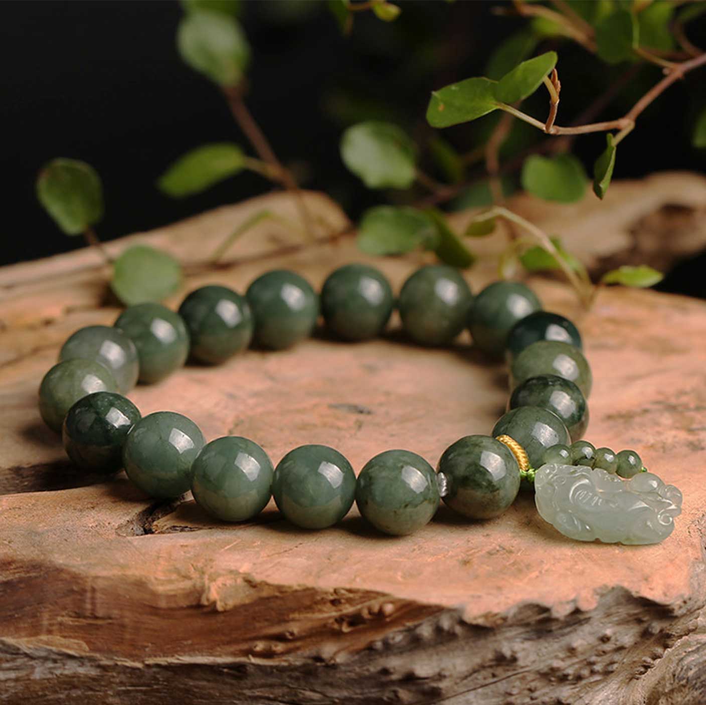 Green Jade Bracelet with Pixiu - Invite Wealth & Calming Energies