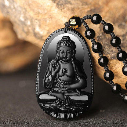 Black Obsidian Buddha Necklace Pendant - Protection & Courage