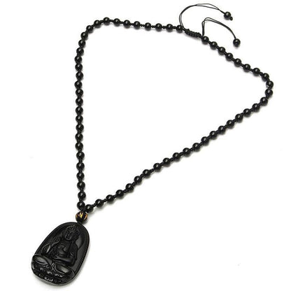 Black Obsidian Buddha Necklace Pendant - Protection & Courage