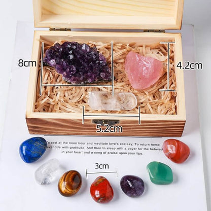 Crystal Box - Set of 7 Chakra Stones, Rose Quartz & Amethyst Cluster