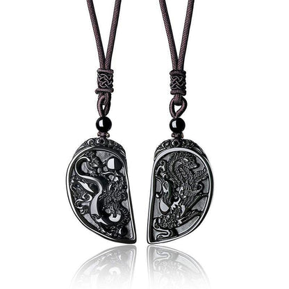 Half Heart Necklace for Couples - Obsidian Dragon and Phoenix Pendant Set