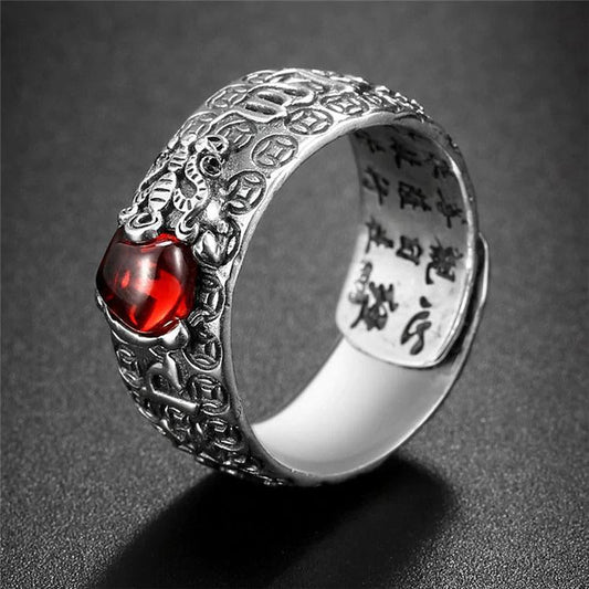 Natural Garnet Pixiu Ring - Feng Shui Wealth Ring