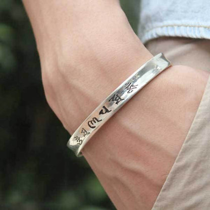 Tibetan Mantra Cuff Bracelet with Heart Sutra - Silver