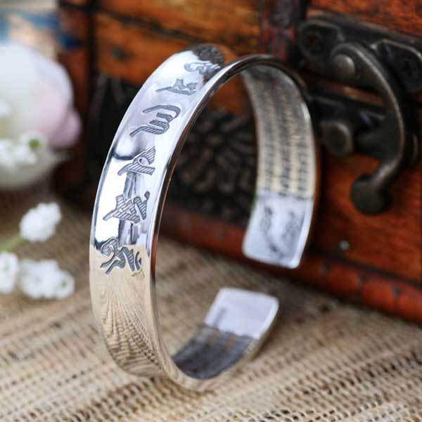 Tibetan Mantra Cuff Bracelet with Heart Sutra - Silver